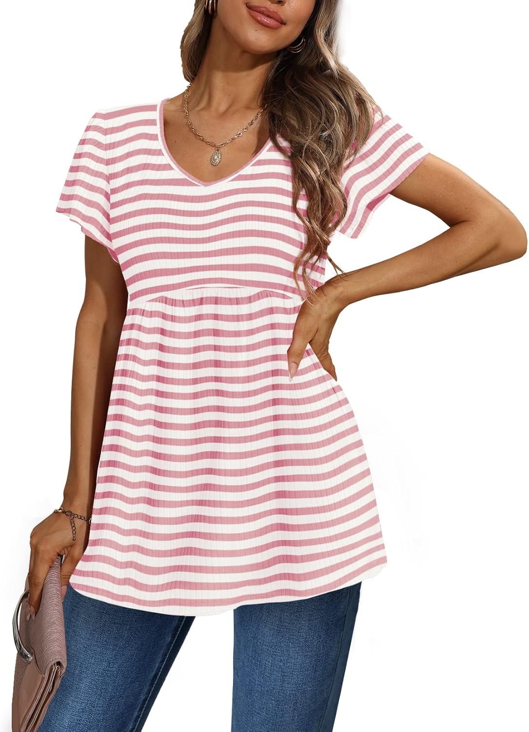 Glanzition Women Ruffle Short Sleeve V Neck Oversized Shirt Tunic Babydoll Tops - Image 3