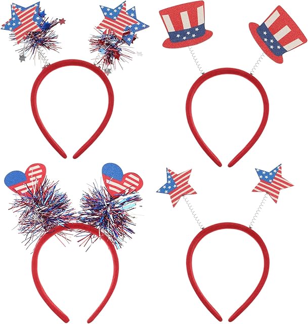 Amosfun 4pcs Independence Day Headbands 4th of July Uncle Top Hat Patriotic Head Boppers American Flag Star Hairband with Tassels for Veterans Day Patriotic Party Accessories