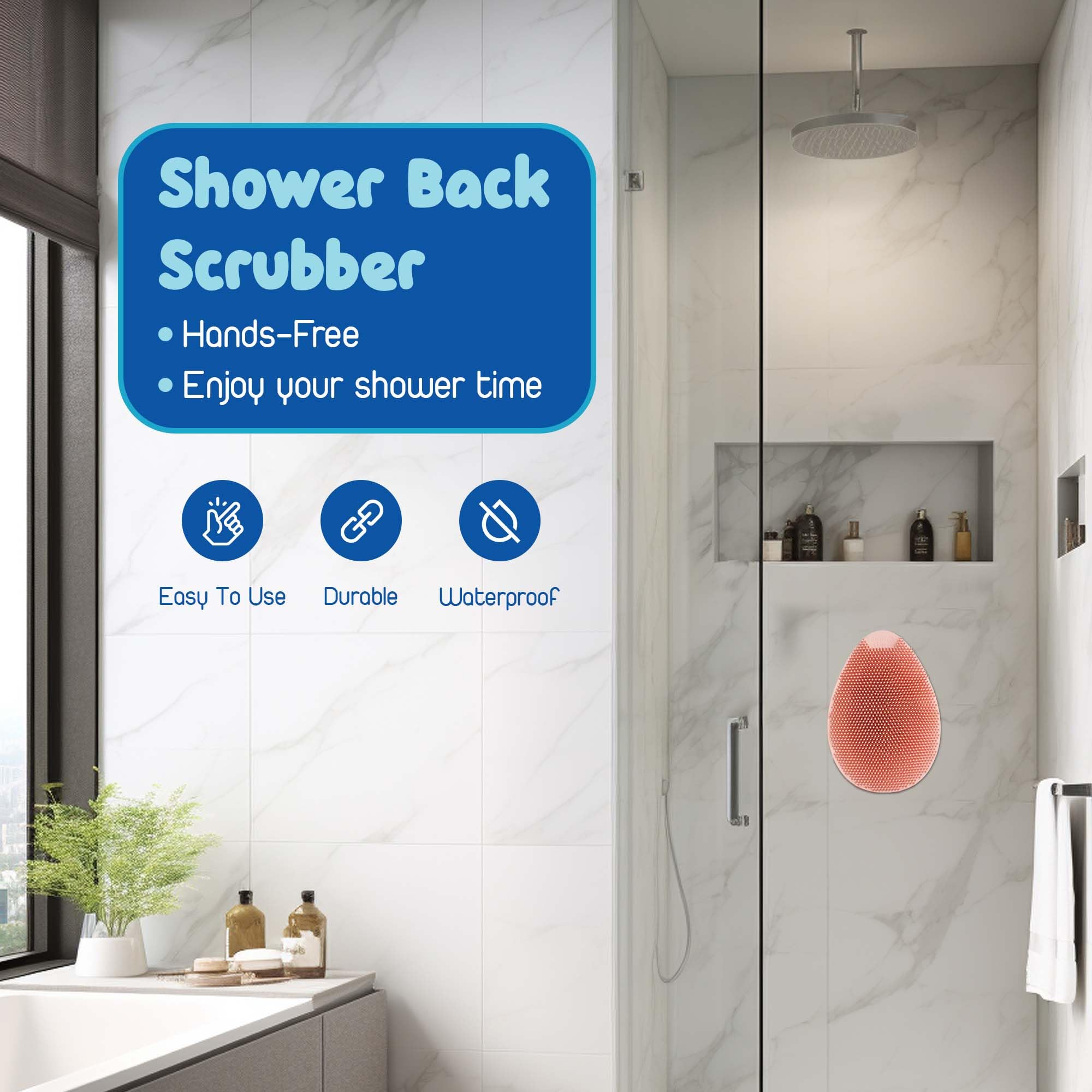 Washyback Silikonowa szczotka do ciała, peeling do wszystkich rodzajów skóry, szczotka do pleców pod prysznic, uchwyt ścienny, silikonowa gąbka do kąpieli dla kobiet, mężczyzn (zabawna różowa)