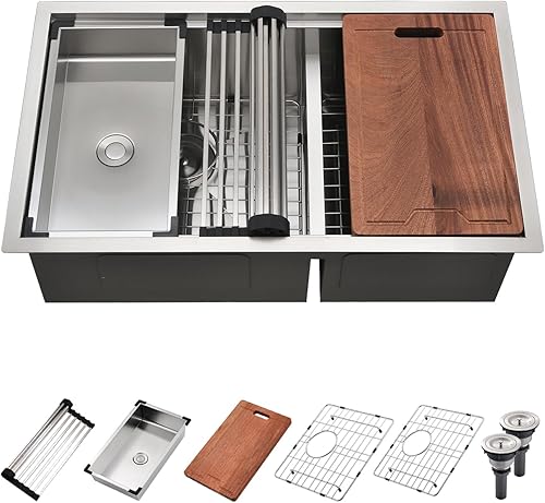 Scamall Estación de trabajo para fregadero de cocina de montaje inferior de 32 x 19 x 10, cuenco doble profundo de acero inoxidable 304 plateado