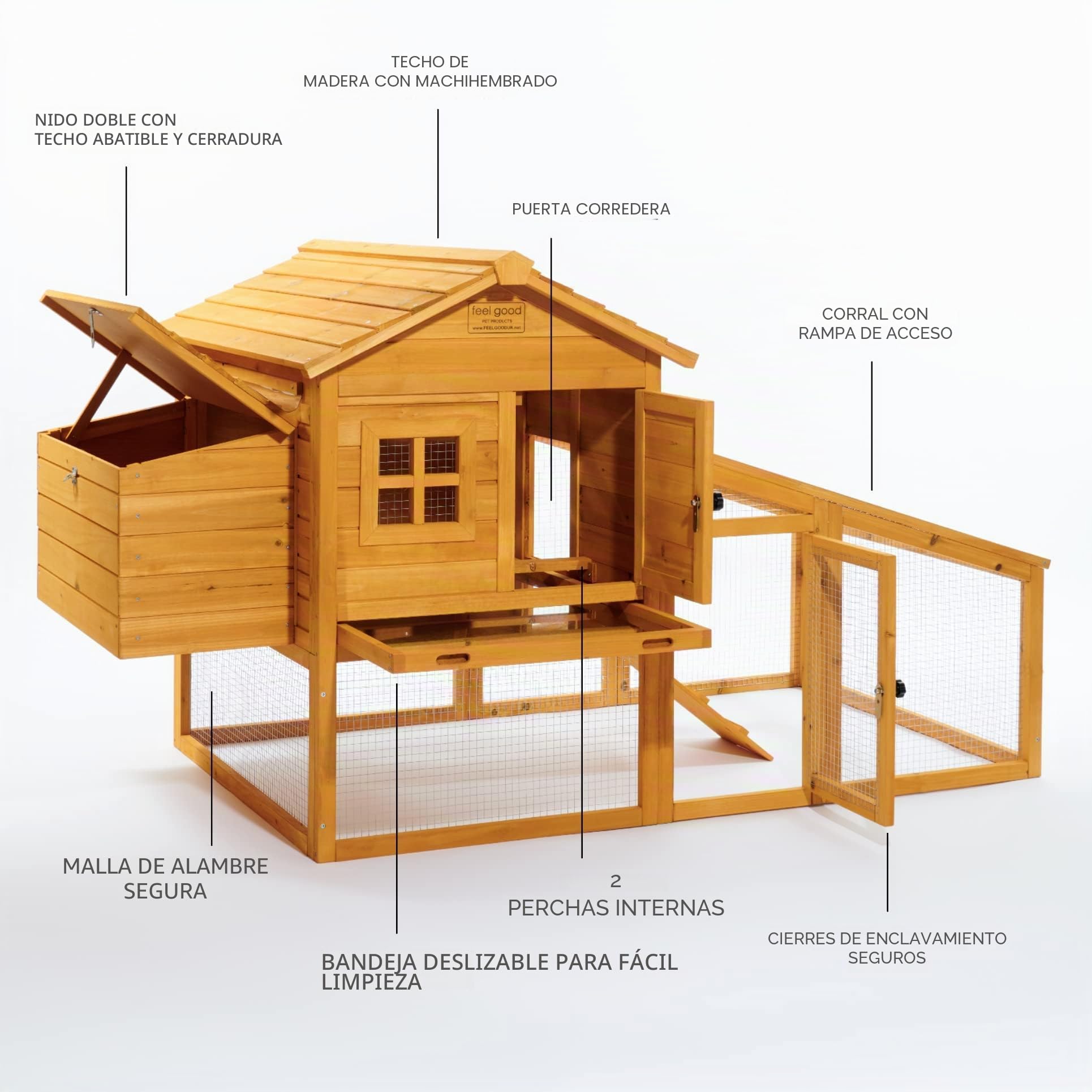 FeelGoodUK - Gallinero, casa para avicultura, casa para nido de aves, con corral incluido y bandeja para limpieza, innovador mecanismo de candado modelo NCH10 L GOLDEN