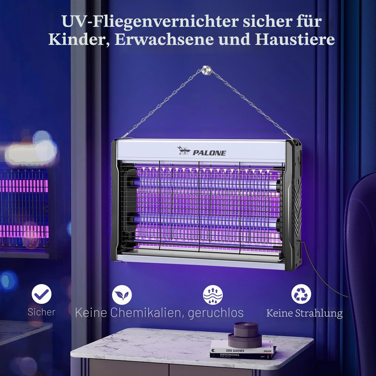 PALONE Insektenvernichter Elektrischer 3200V, Dual-Band Anziehun UV LED Bug Zapper USB Wandmontierter Mückenlampe mit Kabel Elektrische Fliegenfalle für Innen, Insektenlampe Gegen Mücken, Fliegen
