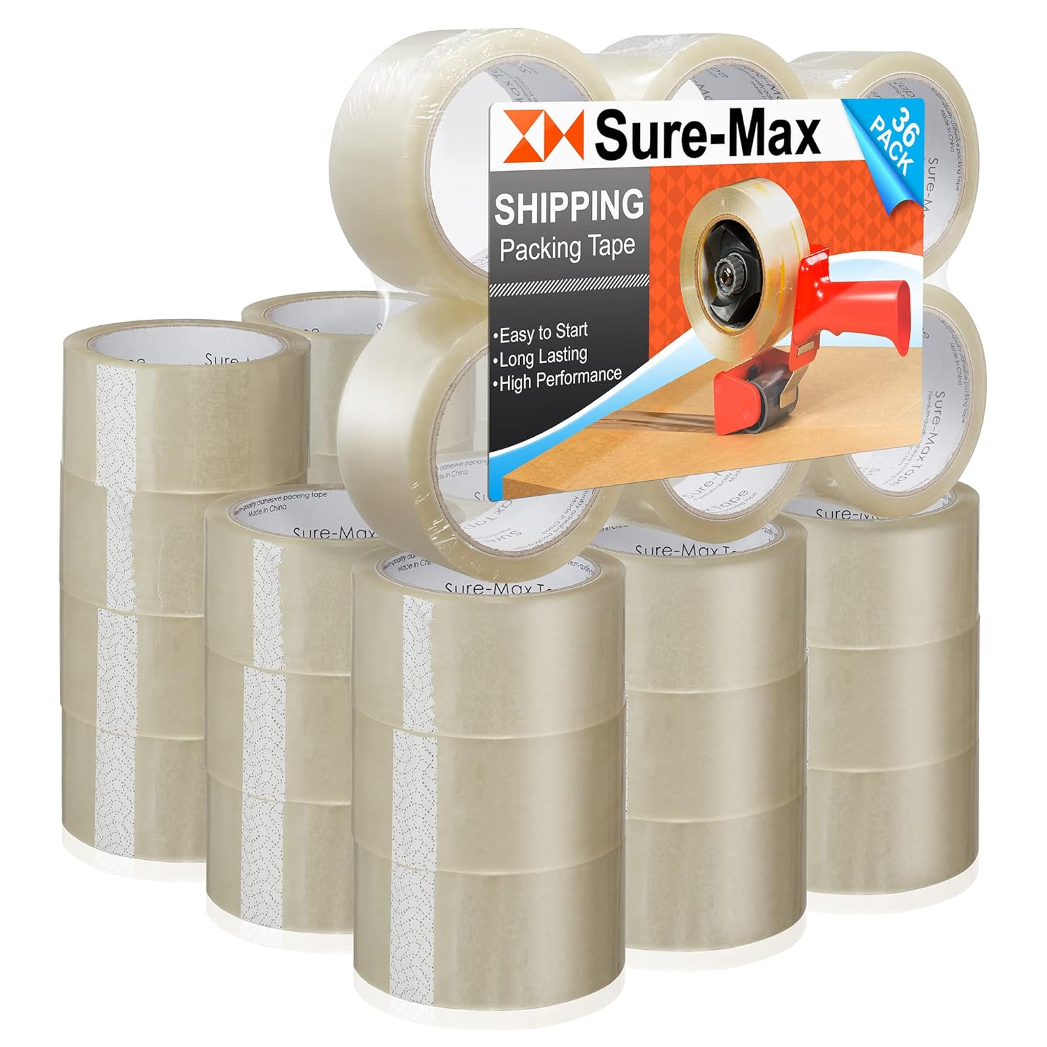 Sure-Max Premium Carton Packing Tape 2.0 mil 165 Feet (55 Yards) - Clear - 1 Case (36 Rolls Total)