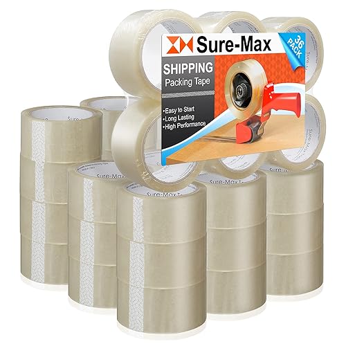 Sure-Max Cinta de embalaje de cartón premium de 2.0 mil 165 pies (55 yardas), transparente, 1 caja (36 rollos en total)