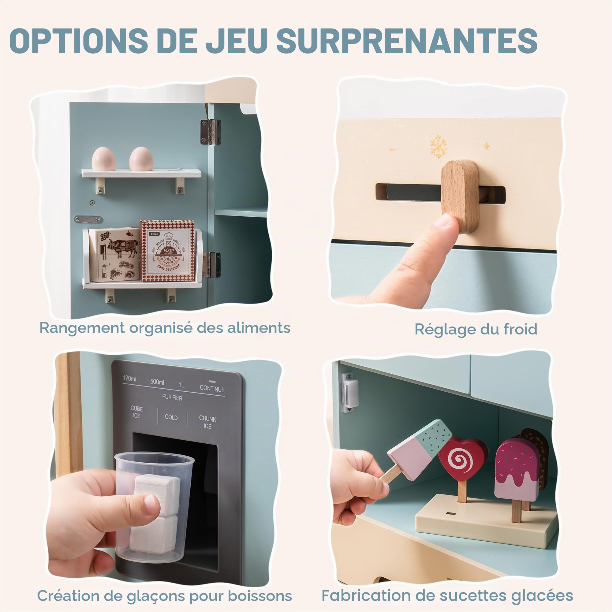 ROBUD Réfrigérateur en Bois réaliste et interactif avec bac à glaçons et Jouets Alimentaires, Convient aux Enfants à partir de 3 Ans