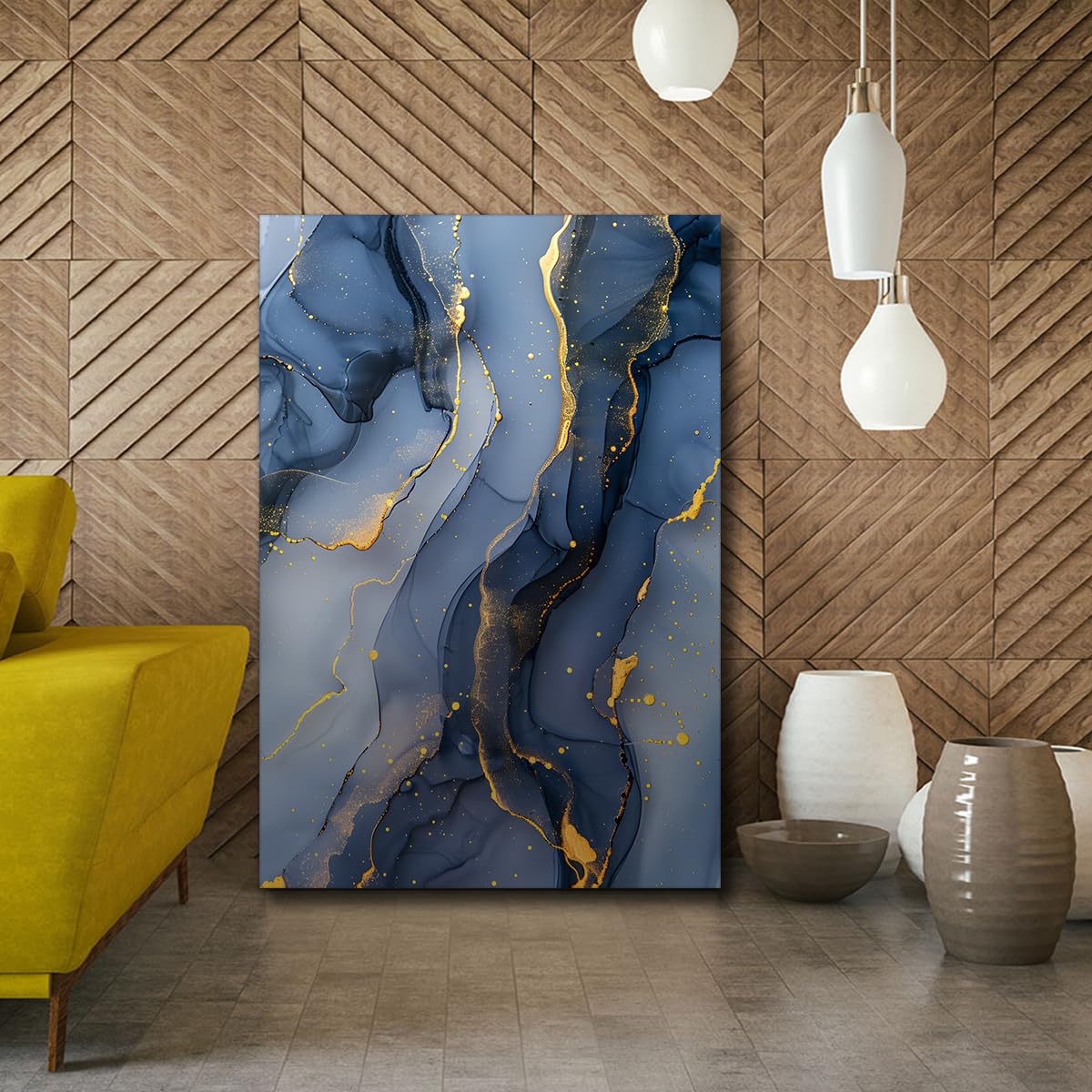 TOANGWALL Elegancka granatowa złota folia abstrakcyjna oprawiona na płótnie sztuka ścienna nowoczesny atrament alkoholowy marmurowy plakat zdjęcia gotowe do powieszenia do jadalni przedpokoju