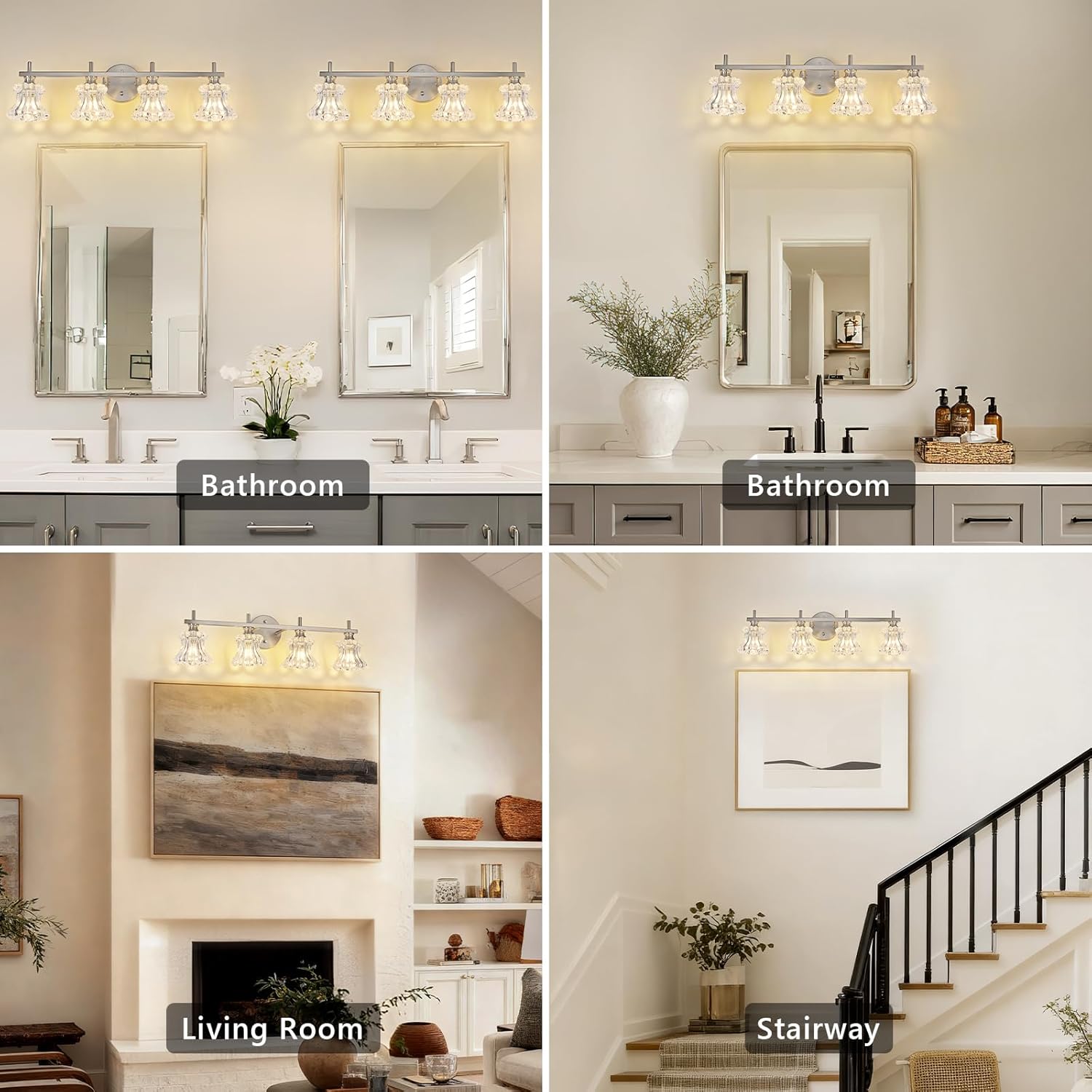 Brused Nickel Bathroom Light Fixture 4-Lights Vintage Vanity Lights Gold Plating Finish Bathroom Lighting Fixtures Over Mirror with Thick Glass Shade for Hallway,Living Room,Bedroom