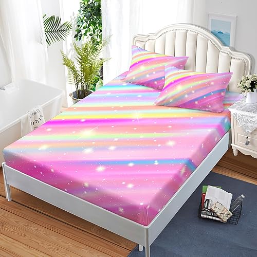 Miniatura 3 de Sábanas y fundas de almohada de arcoíris, sábana bajera de microfibra suave con bolsillos profundos, sábana bajera ajustable para decoración de