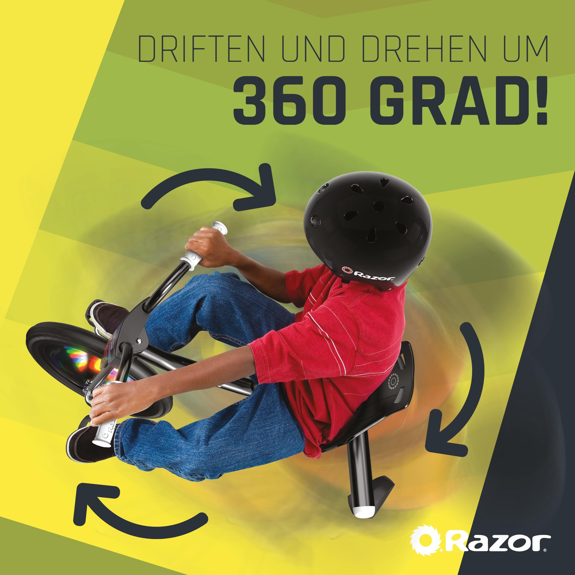 Razor RipRider 360 Lightshow -Trike mit hinteren Rollen und mit bewegungsaktivierten mehrfarbigen Lichtern, Drifting Ride auf 3 Rädern - für Kinder ab 5 Jahren