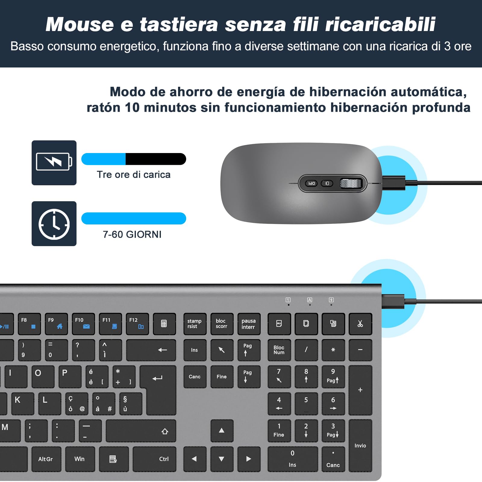 Tastiera e Mouse Wireless - cimetech Tastiera Wireless Ricaricabile 2.4G, Layout Italiano QWERTY, Tastiera Design Ergonomico, Ultra Sottile per Computer/Desktop/PC/Laptop/Windows 10/8/7 (Grigio)