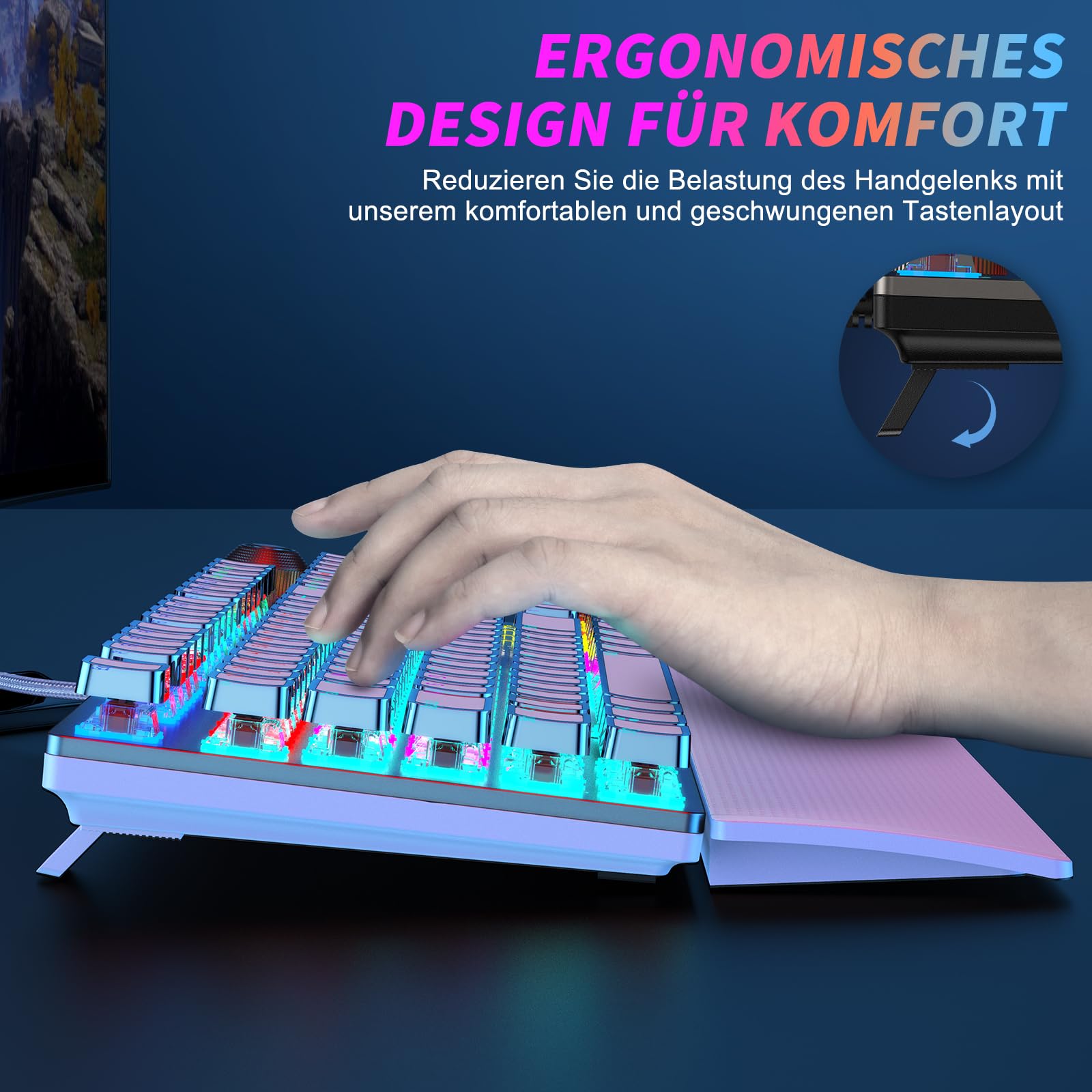 TECURS Tastiera meccanica da gioco, programmabile, con poggiapolsi magnetico, interruttore rosso, 19 modalità LED, tasti multimediali, PC con cavo, layout QWERTZ DE, bianco