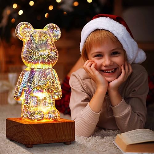 Luz nocturna de oso de fuegos artificiales 3D para niños, 8 colores cambiantes de vidrio chapado en plata, proyector de luz LED para dormitorio,