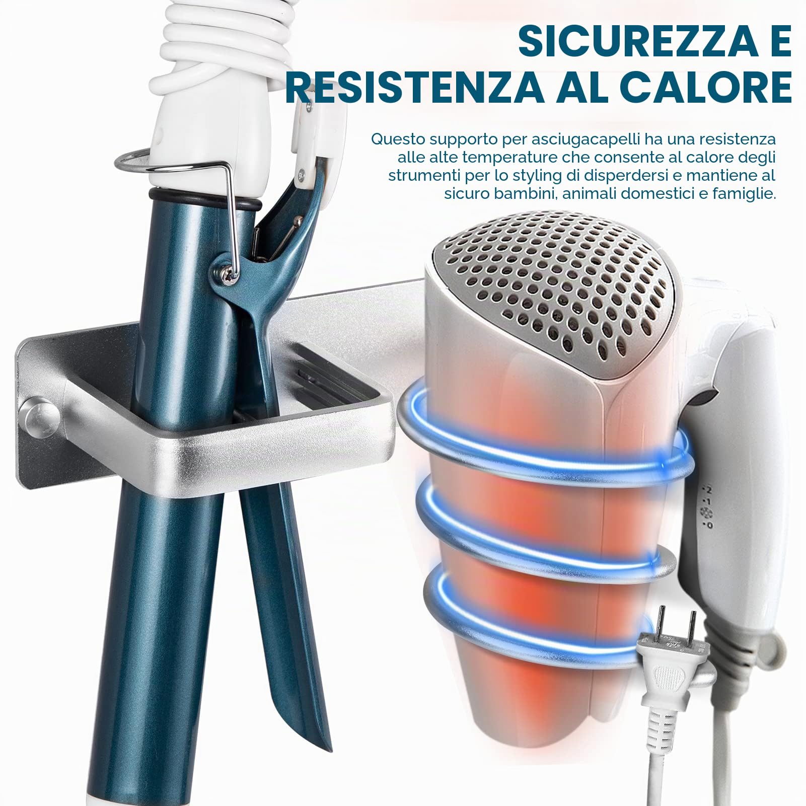 YUET Supporto per asciugacapelli, Porta Asciugacapelli da Parete Alluminio con Viti di Fissaggio per Asciugacapelli per Camere da Letto Toilette Barbiere Argentato