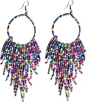 BOGZON Bohemian Tribal Dangle Fringe Tassel Bead Hoop Earrings - Native American Style, Handmade Multi-Color Drop Earrings