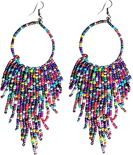 Tribal Dangle Fringe Tassel Bead & Hoop Earrings Native American Style by Pashal (Multi Color)