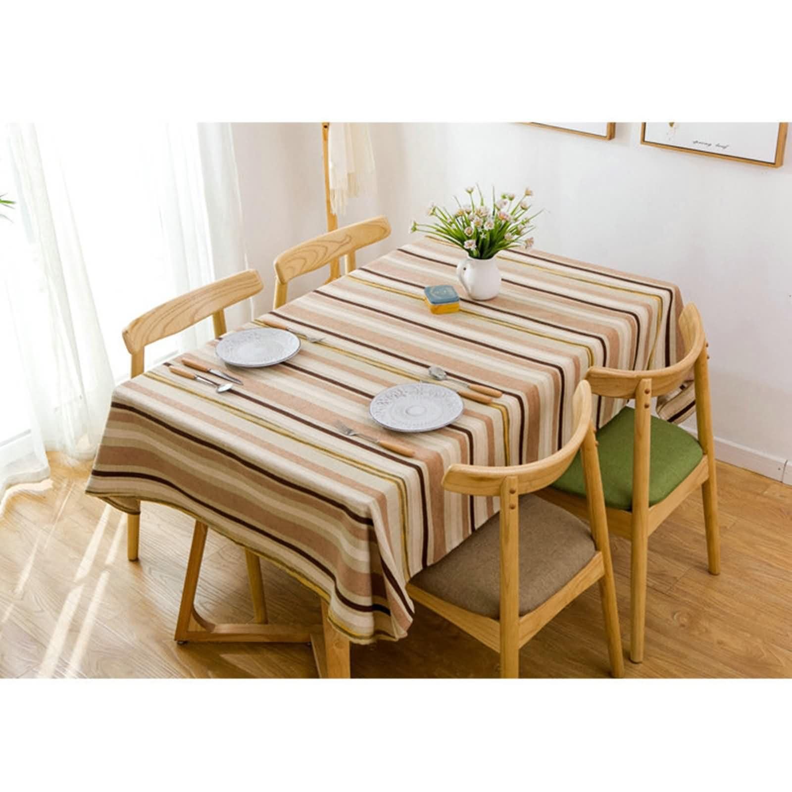 Mantel Antimanchas y Lavable Rectangular Café para Terraza, Rayas, de Algodón y Lino Elegante, 130 x 220 cm, Mantel para Balcón