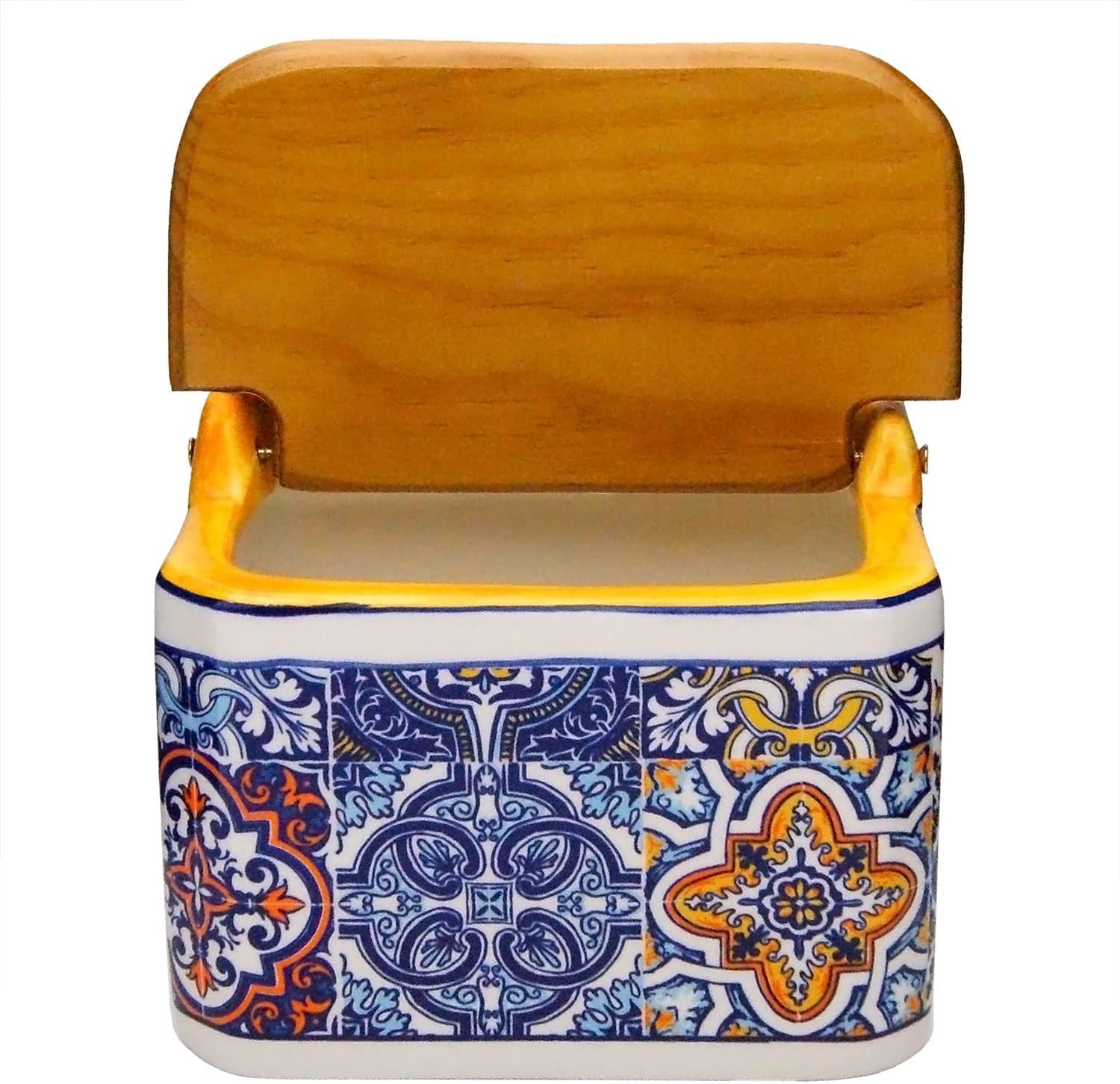 Portuguese Pottery Alcobaça Ceramic Decorative Salt Cellar with Lid for Kitchen (Yellow), 6inch x 4inch x 6.5inch h (L x W x H) (063)