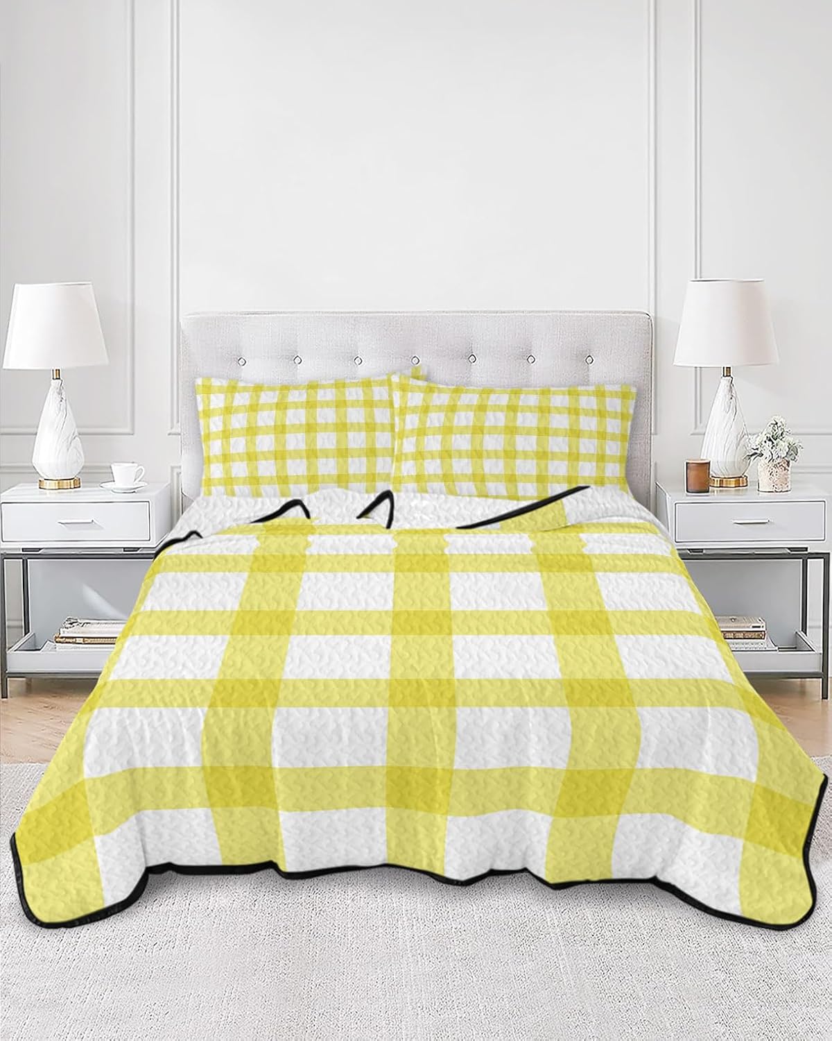 Queen Size Quilt Set, Farmhouse Yellow White Buffalo Lattice Lightweight Bedspread Coverlet Set Soft Microfiber Summer Quilt with 2 Pillow Shams, Rural Farm 3 Piece Comforter Bedding Set