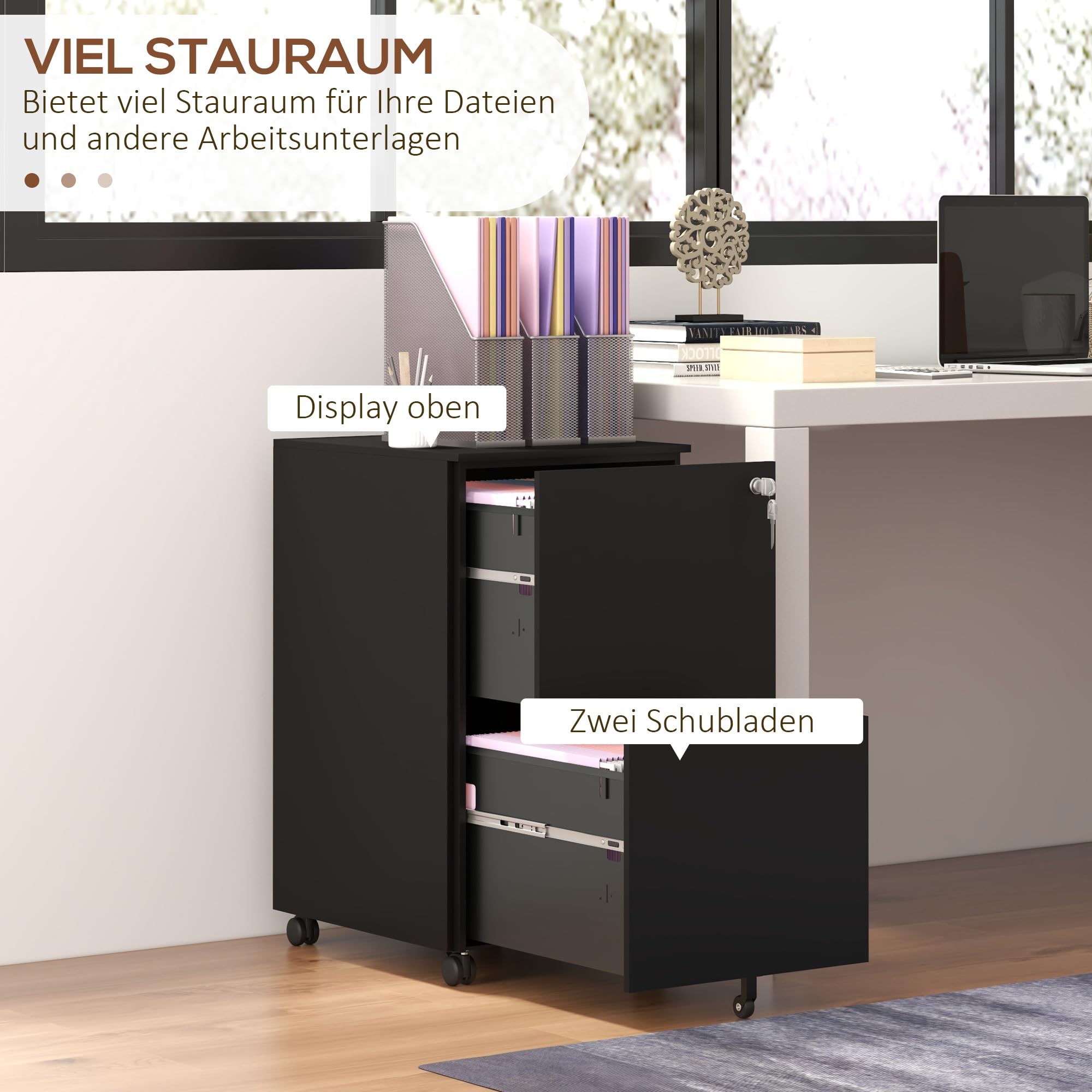 Vinsetto Rollcontainer 2 Schubladen A4 Stahl 37 x 43,5 x 67,5 cm Schwarz | Abschließbarer Büroschrank mit Rollen, Bürocontainer für Akten Dokumente