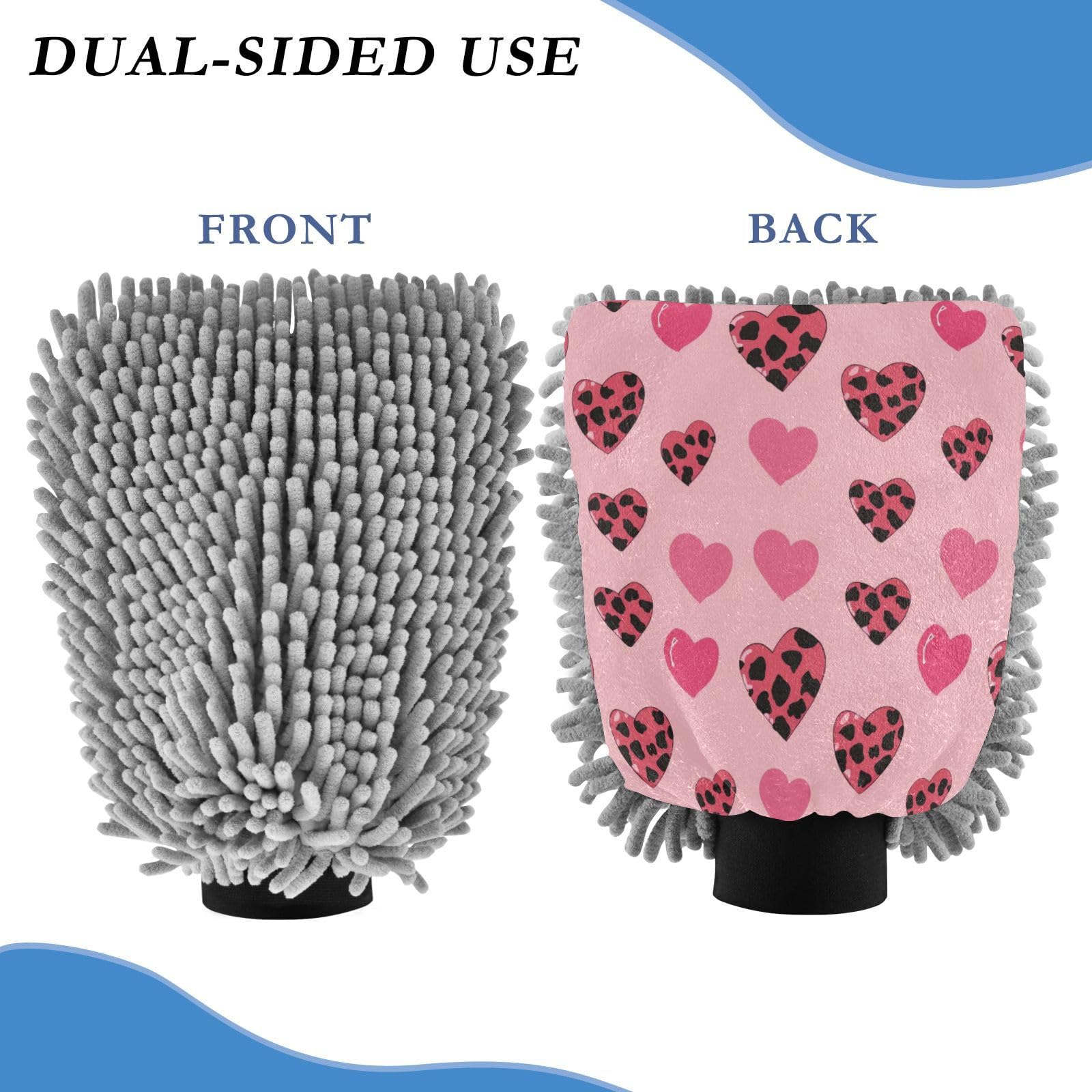 ALAZA Heart Leopard Print Car Wash Mitt Scratch Free, 2 Pack Absorbent Microfiber/Chenille Washing & Drying Mitts, M