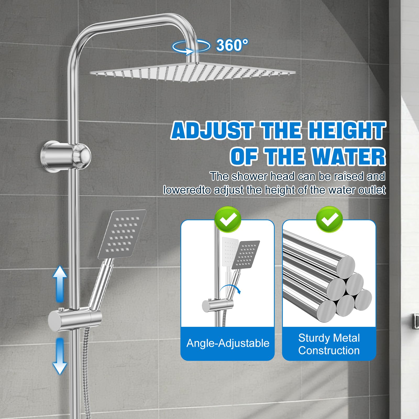 Columna Ducha Completa sin Mezclador, Duchas de Baño Columna en Acero Inoxidable, Cromado con Cabezal de Lluvia 30x30 cm y Soporte Ajustable