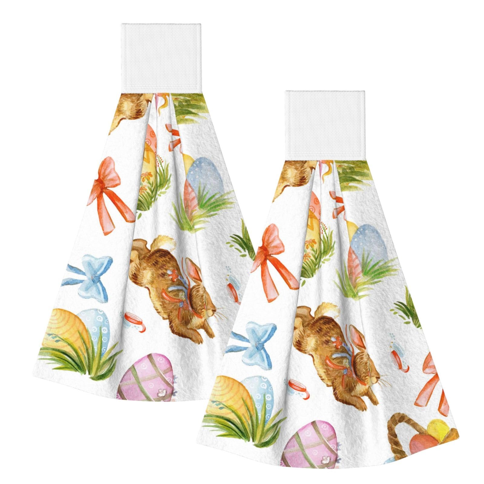 DOPKLNA Watercolor Easter Rabbit Egg, 2 Pcs Hanging Coral Fiber Hand Towels for Bathroom, Absorbent Kitchen Towels