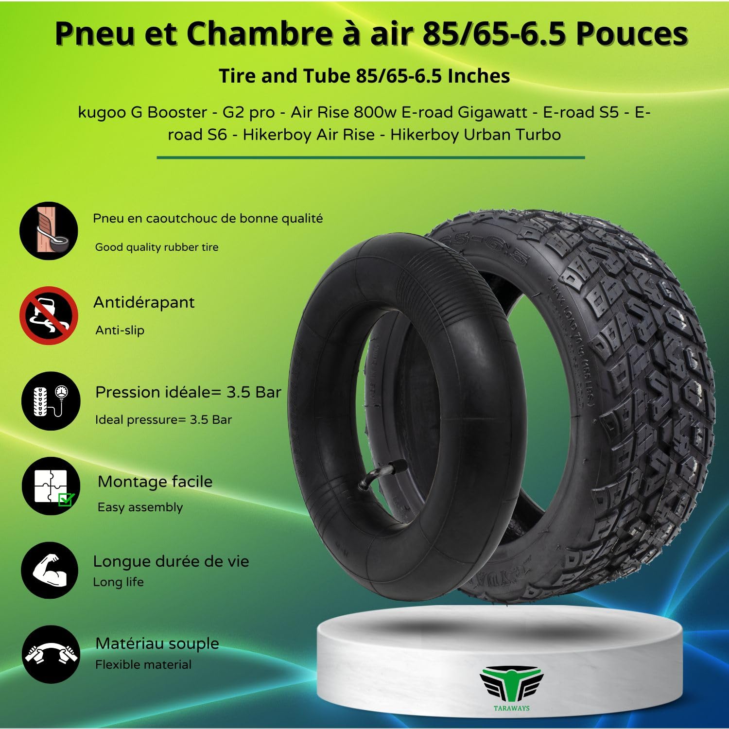 Neumático 85/65-6.5 para patinete eléctrico kugoo G Booster - G2 pro - Air Rise 800w E-road Gigawatt - E-road S5 - S6 - Hikerboy Air Rise - Hikerboy Urban Turbo (Tire and Tube)
