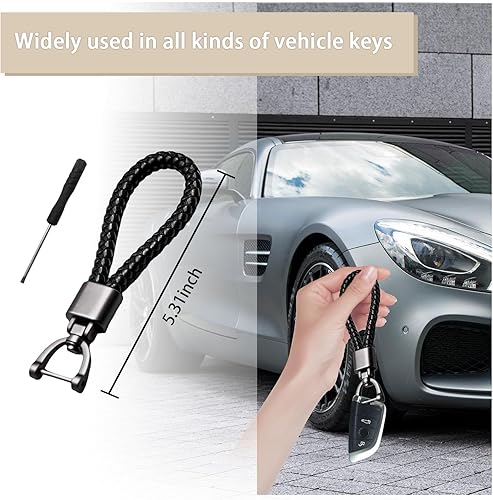 Miniatura 2 de Llavero de cuero de microfibra trenzada para automóvil, cuerda tejida de metal con anillo en D giratorio de 360 grados y destornillador, correa