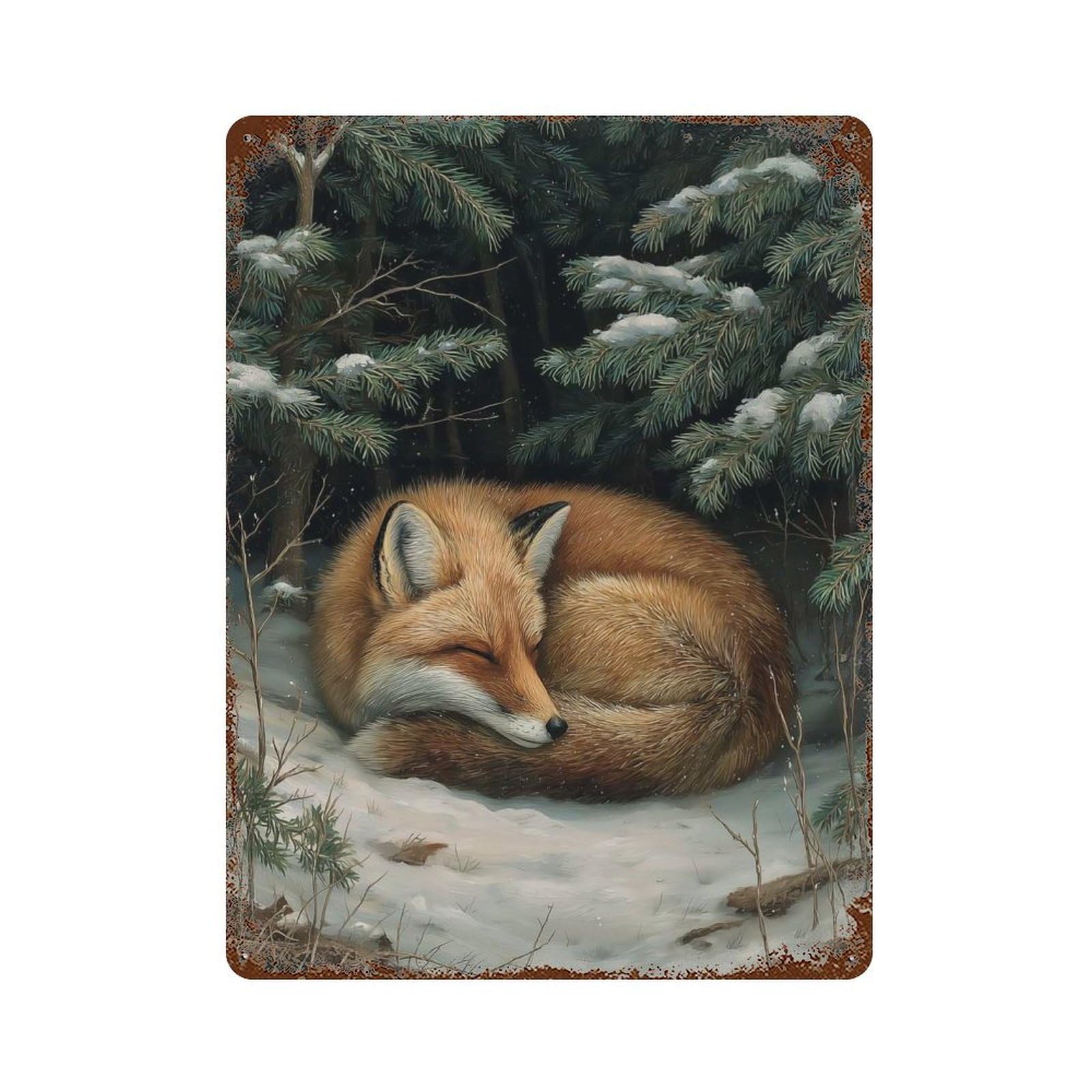 Rust Effect Sleeping Fox in Winter Forest Vintage Rust Metal Sign 15.7"x11.8", Farmhouse Wall Decor for Basement, Hobby Room And Garage Decor