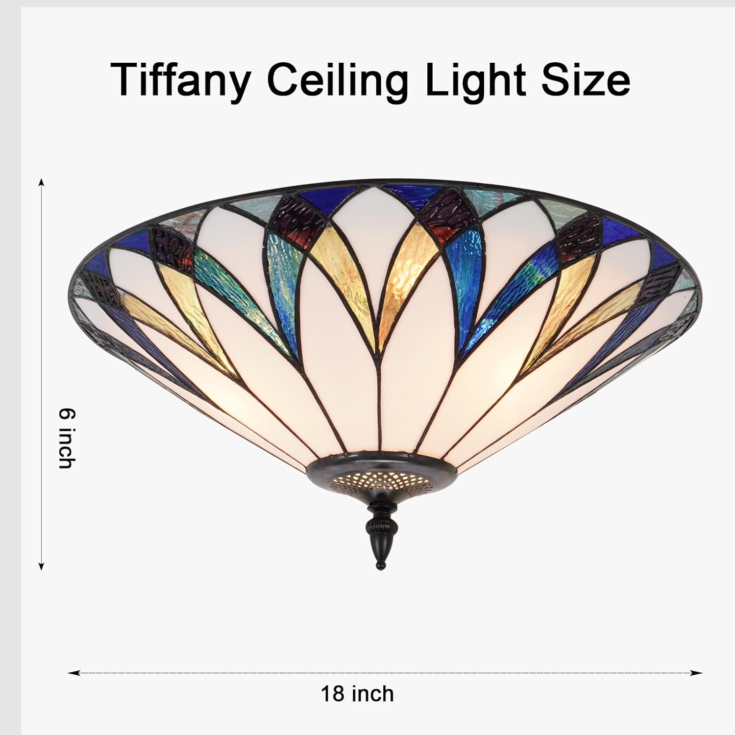 MORE CHANGE 18" Tiffany Style Chandelier Retro Hand-Made Stained Glass Ceiling Light Vintage Round Flush Mount Light Fixture for Bedroom Hallway Entryway