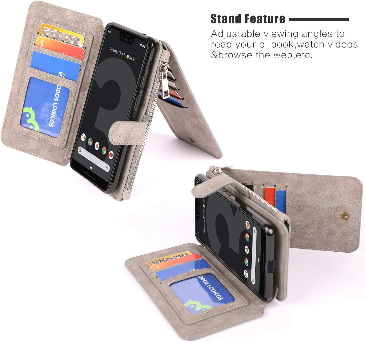 Google Pixel 3 XL Case, Modos Logicos [Detachable Wallet Folio][2 in 1][Zipper Cash Storage][Up to 14 Card Slots 1 Photo Window] PU Leather Purse with Removable Inner Magnetic TPU Case - Grey