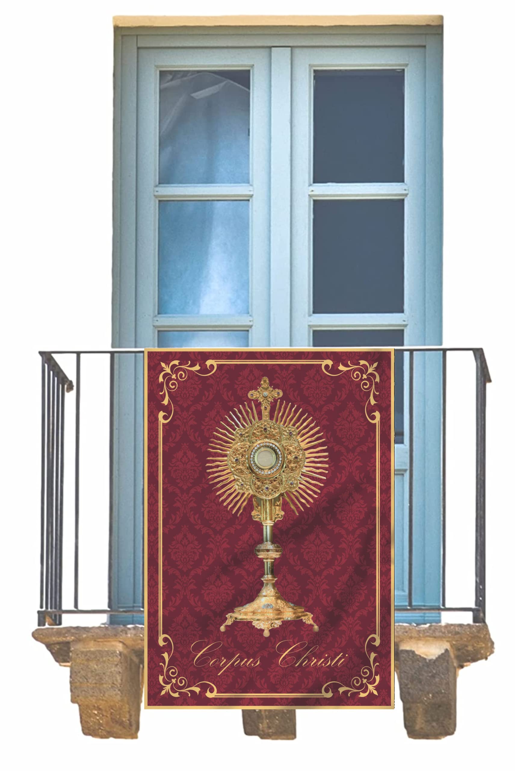 Porras E&B Balconera Colgadura Corpus Christi Semana Santa Religiosa en Tela con lazos 70x100 cm Damasco Rojo