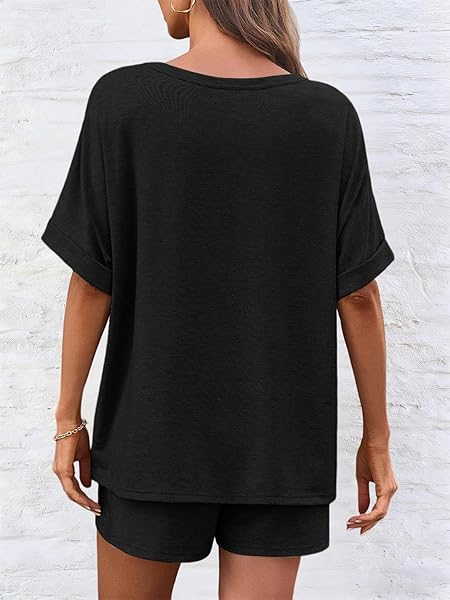 Mujer Conjunto Chándal 2 Piezas De Pantalones Verano Cortos Con Casual De Camiseta Bolsillos Y Cuello Redondo Top，Negro，S - 3