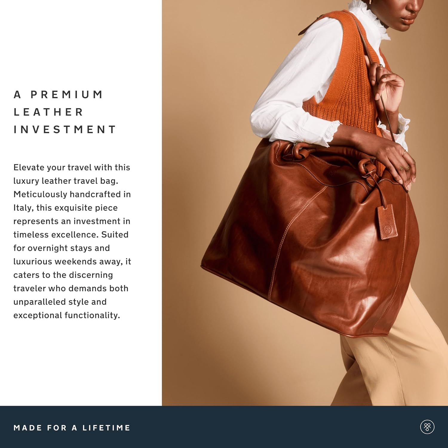 Maxwell Scott - Womens Luxury Leather Travel Luggage Bag with Shoulder Strap and Twin Handles - The Fabrizio Chestnut Tan