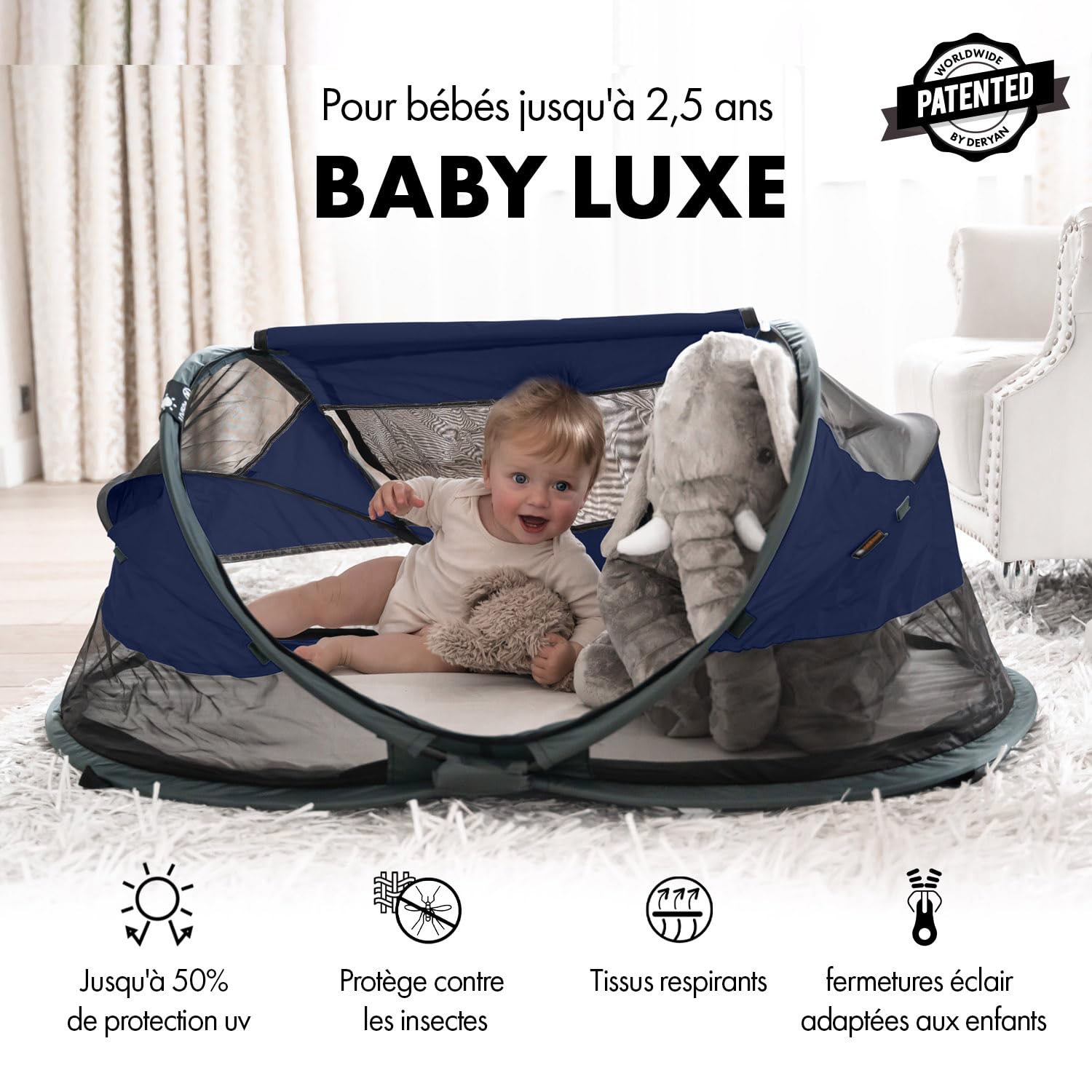 Deryan lit Parapluie Bébé avec Matelas, Lit bébé de la Naissance Jusqu’à 2,5 Ans, Pop Up Tente pour Bébé Montée en 2 Secondes, Moustiquaire & Sac de Voyage Inclus, Facile à Plier, 120x75cm, Navy