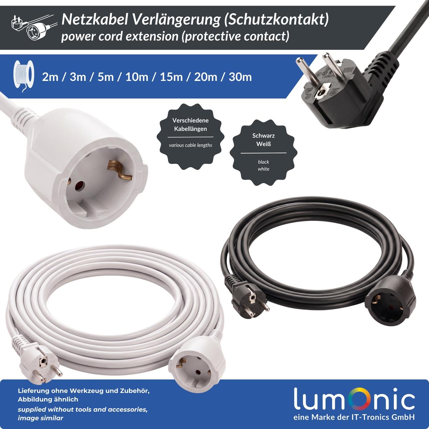 Lumonic Schuko Verlängerungskabel Weiß, 30 m, 230 V - Kindersicherung in der Buchse, für Waschmaschine und Geschirrspüler, Knickschutz am Stecker