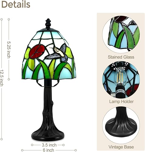 Miniatura 6 de Lámpara de mesa estilo Tiffany  Lámparas de mesa de cristal de 6 pulgadas con colibrí y flor, lámpara de noche estilo Tiffany vintage, pequeña luz