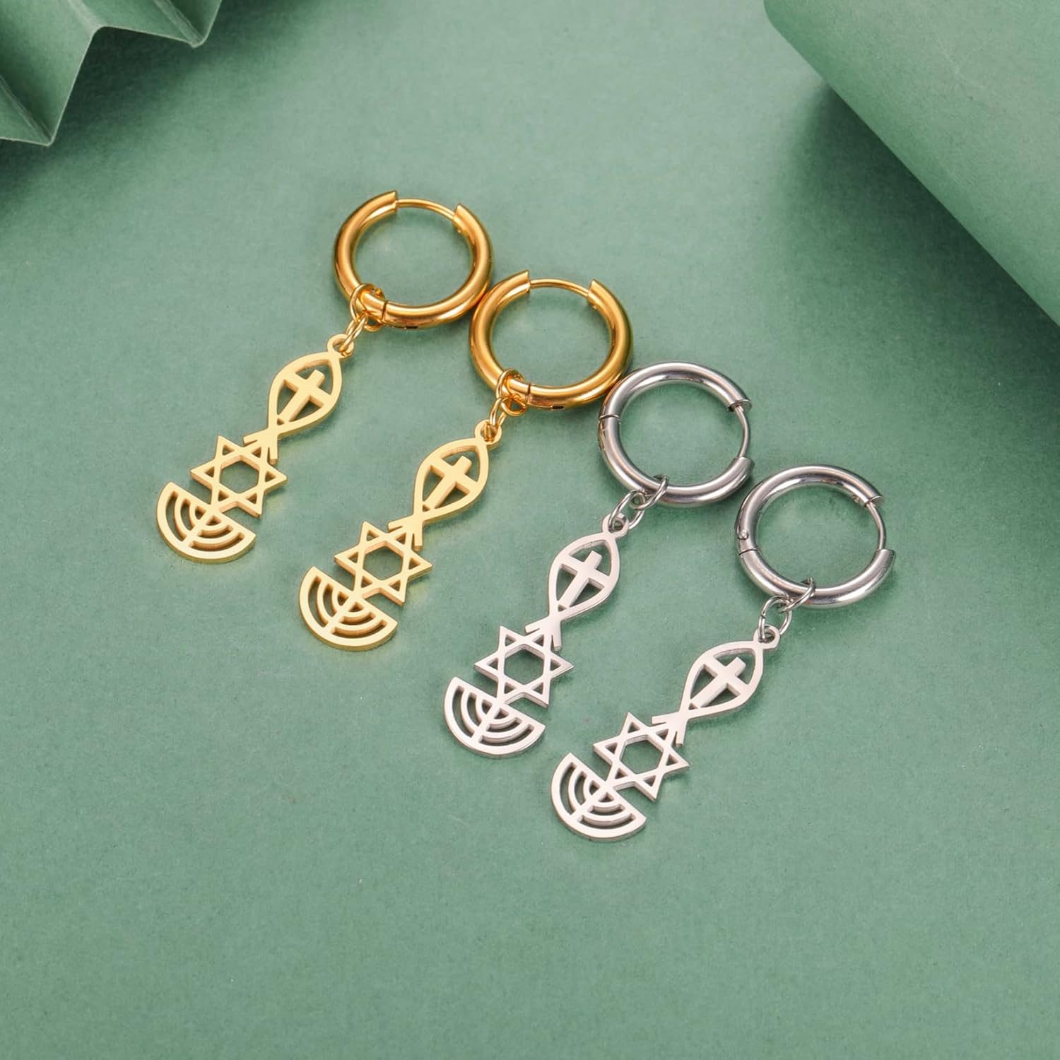 Messianic Seal Dangle Earrings Messianic Seal of Jerusalem Earrings Star of David,Ichthus with Cross,Menorah,Jewish Star Earrings Religious Hanukkah Jewelry Token of Prayer - Image 4