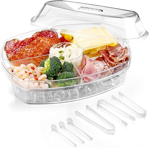 Bandeja para servir en hielo, bandeja refrigerada, bandejas para servir que mantienen la comida fría, cuenco de cocina refrigerado con compartimento