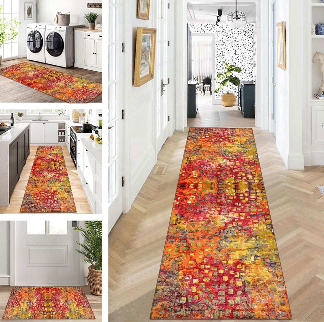 Tapis de couloir, cuisine, antidérapant, lavable, design moderne, jaune, rouge, orange, 70 x 400 cm, vendu au mètre, pour salle à manger, chambre à coucher, salon