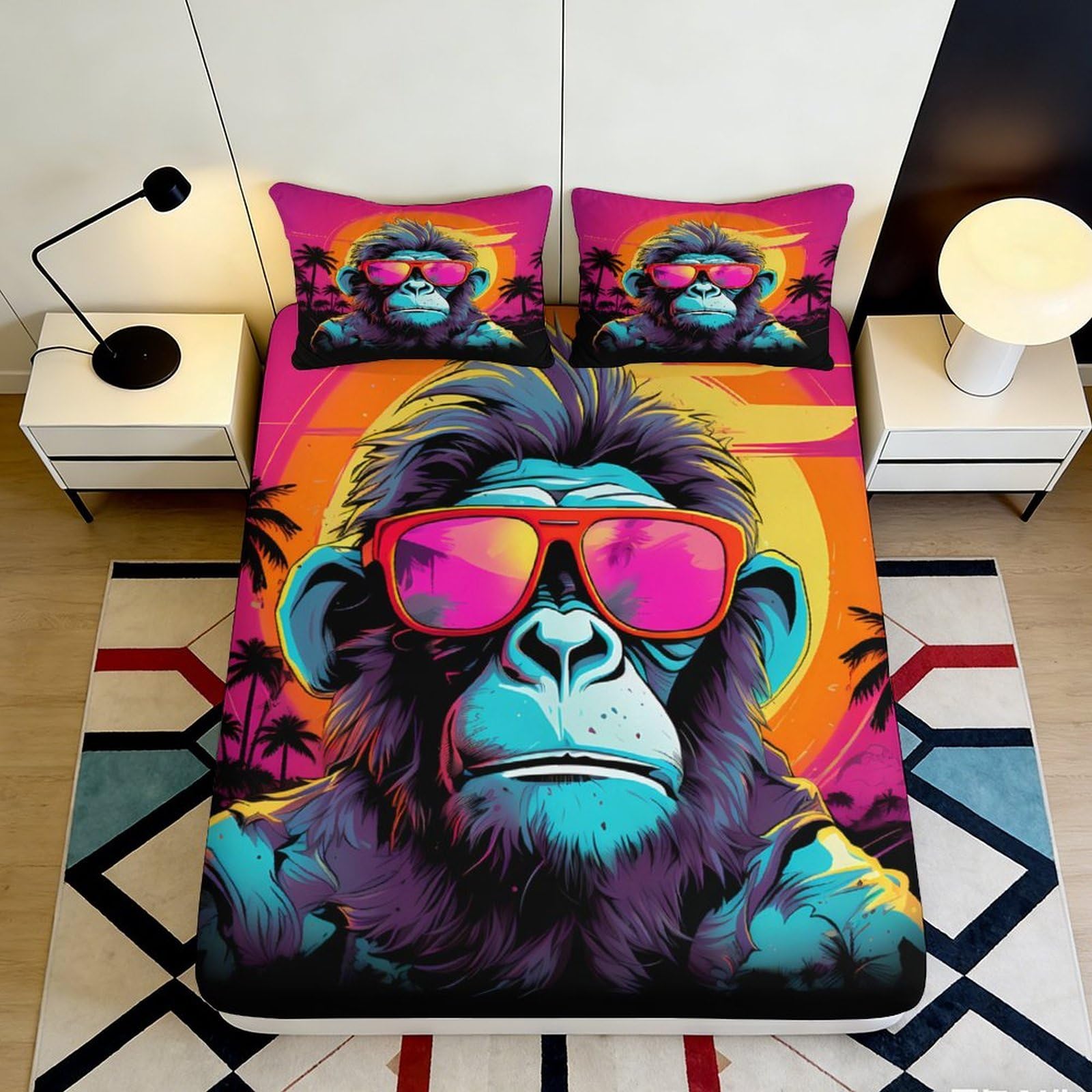 3D Printed Graffiti Monkey Fitted Sheet Microfiber Deep Pocket Full Wrap Bedroom Bedding Graffiti Monkey Mattress Fitted Cover Non-Slip for Adults Teens 200x200x25cm