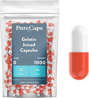 PureCaps USA - Empty Gelatin Capsules Size 0, 1,000 Empty Joined Gel Pills, Orange/White, Non-GMO Certified, Kosher, Gluten Free and Halal Certified, Pure Beef Gel Pill Capsules Empty