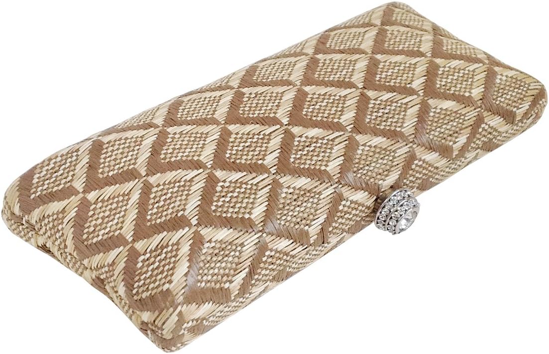 Geometric Patterned Raffia Straw Box Clutch Natural