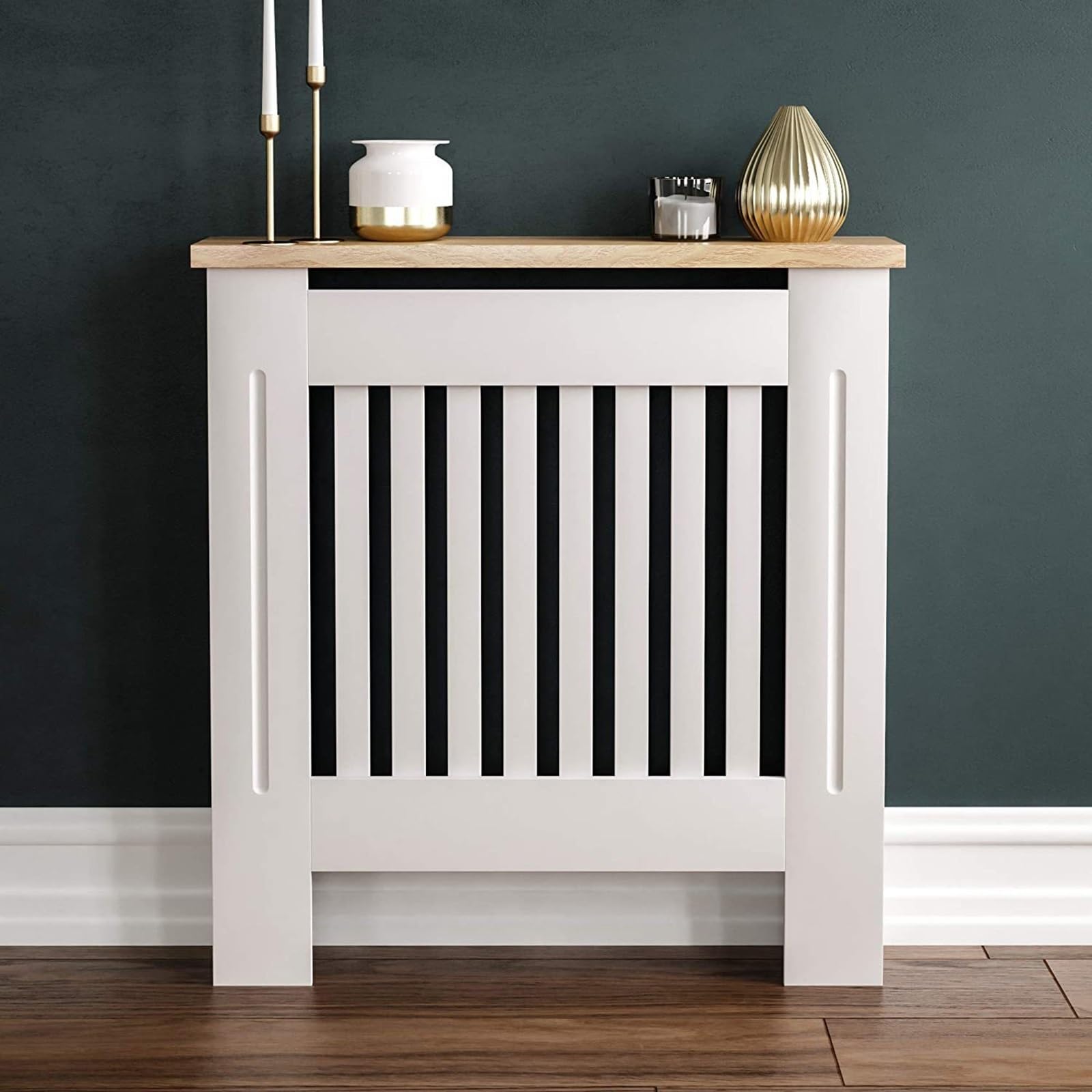 Copritermosifone, Copritermosifone in Legno Moderno con doghe Verticali, Ripiano in MDF, Mobiletto, Mobiletto Piccolo, per Soggiorno e corridoio Copritermosifone.