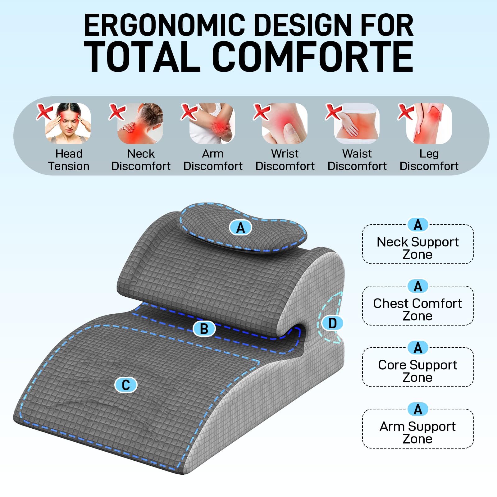 JAOGAUS Cuscino a cuneo Memory Foam, Supporto schiena ergonomico letto | Cuscino inclinato ergonomico per letto e divano con supporto testa rimovibile, ideale per schiena, collo, gambe e lettura