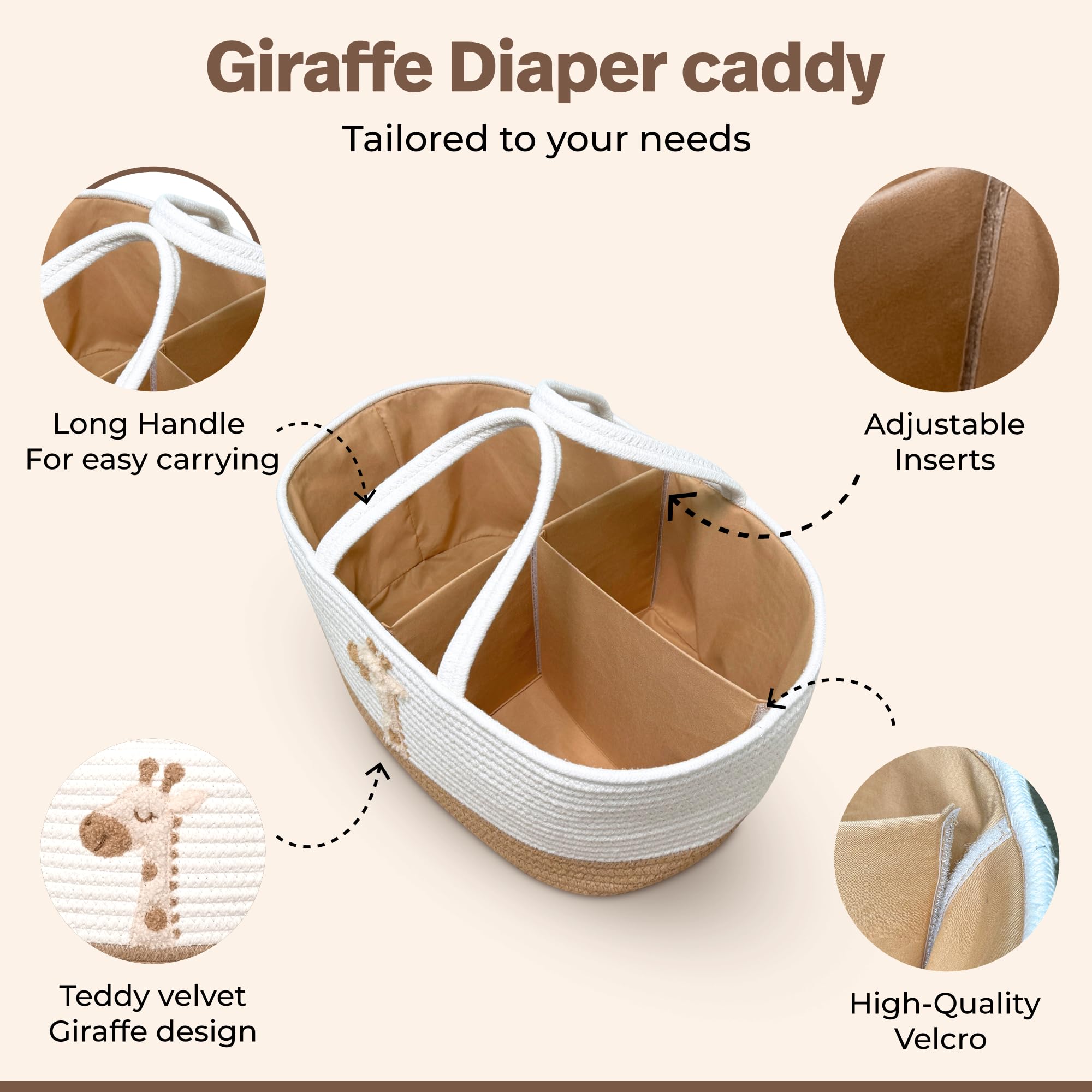 KEMINA BLANKETS Giraffe Diaper Caddy Organizer for Baby Cotton Rope Nursery Storage Basket 17"x10.5"x7" with Removable Dividers Portable Changing Table Organizer, Car Caddy, Baby Shower Basket - 3