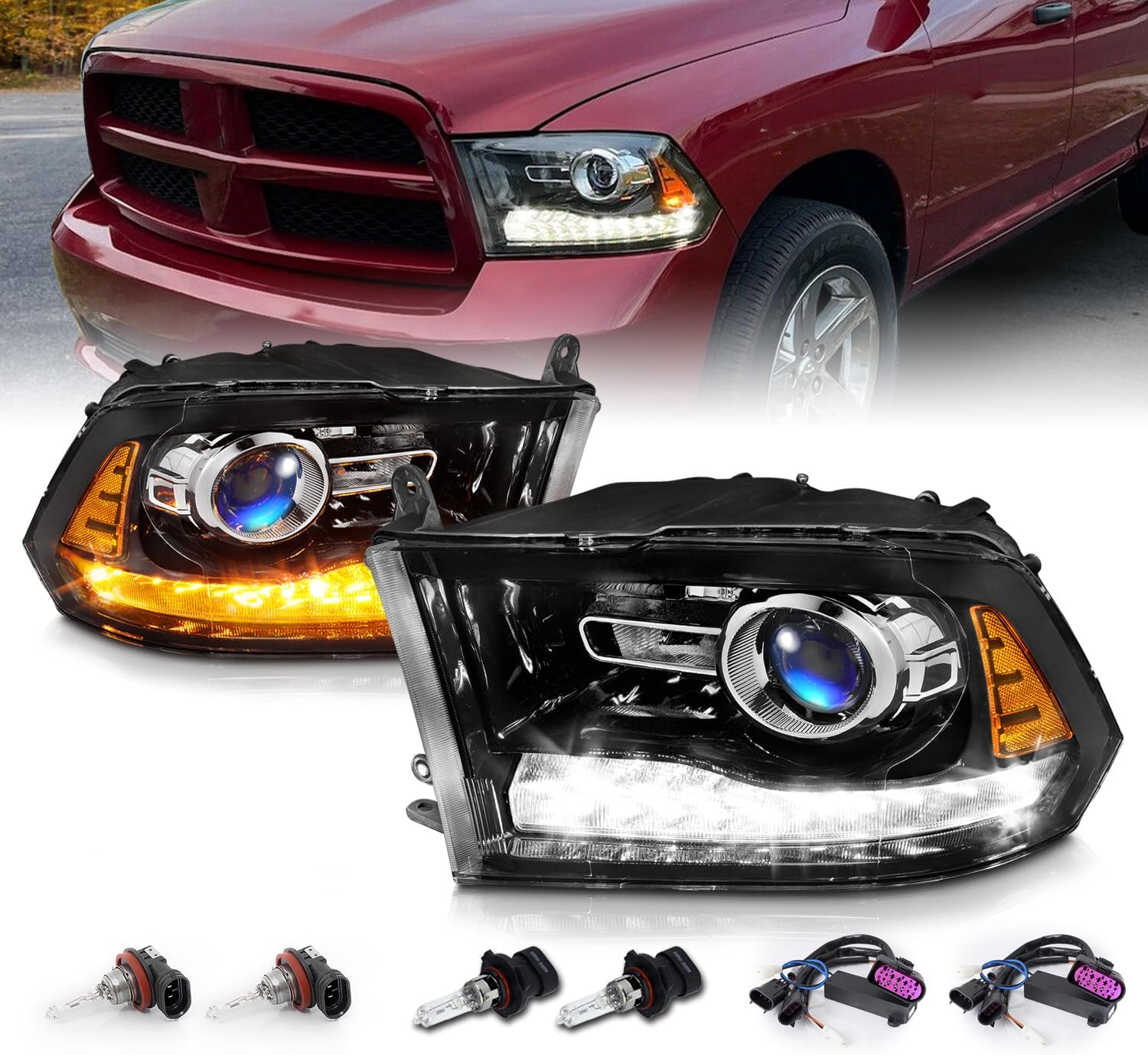 AmeriLite for 2009-2018 Dodge Ram 1500 2500 3500 BOTH Models Switchback LED Polished Black Replacement Projector Headlight Assembly Set - Passenger and Driver Side