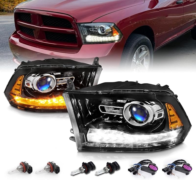 Conjunto de faróis dianteiros AmeriLite LED Switchback com projetor e acabamento preto polido para Dodge RAM 1500/2500/3500 – Par