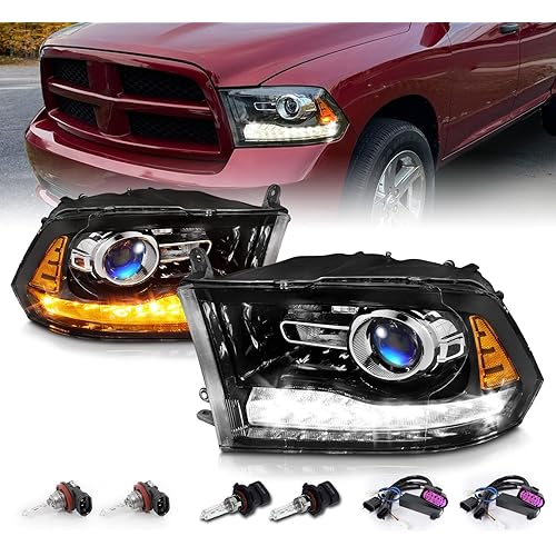 AmeriLite for 2009-2018 Dodge Ram 1500 2500 3500 BOTH Models Switchback LED Polished Black Replacement Projector Headlight Assembly Set - Passenger and Driver Side