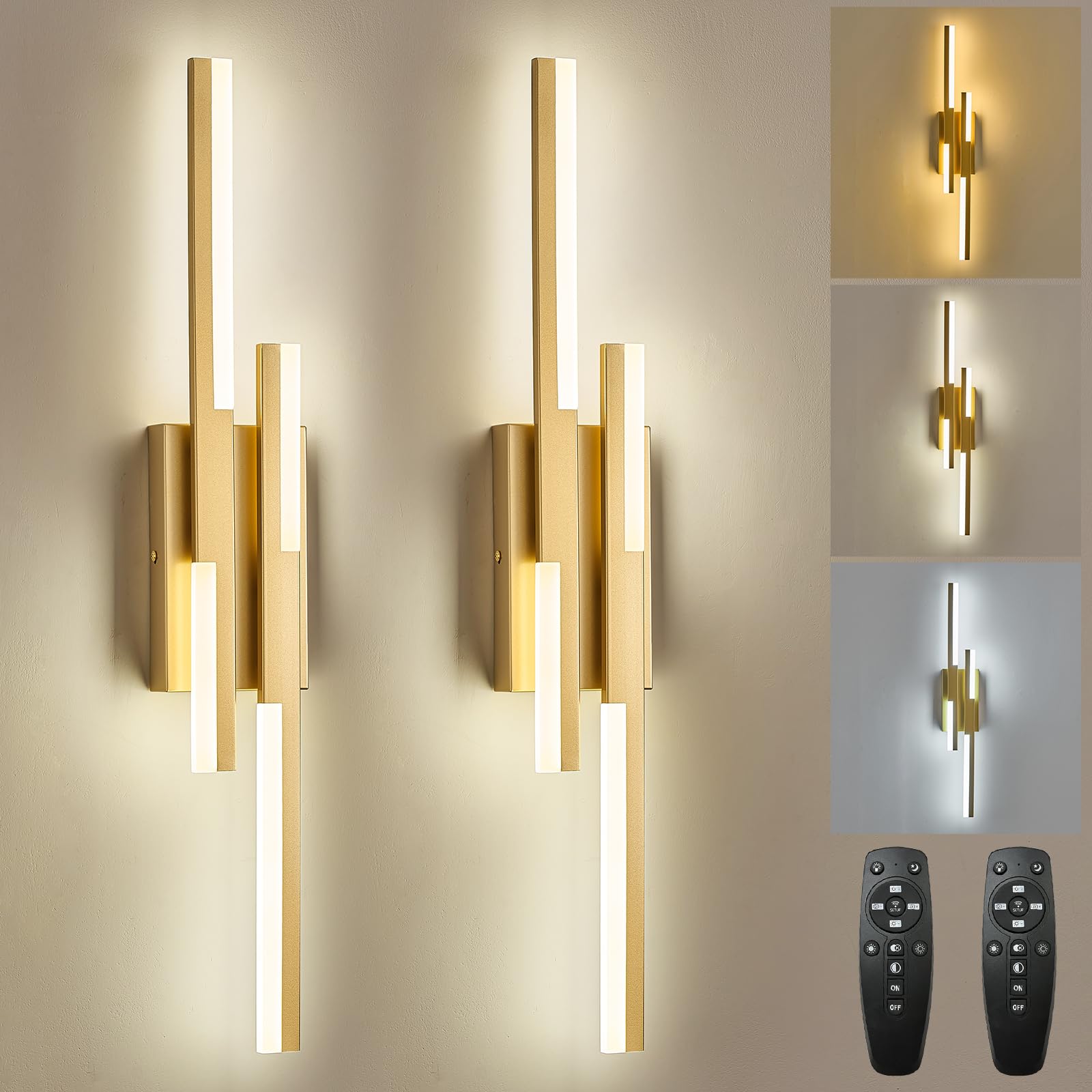 Photo 1 of Benkut Modern LED Vanity Lights Set of 2, Gold Wall Sconce with Remote Control Dimmable Indoor Wall Light Bedside Remote Sconce for Bedroom Bathroom Living Dining Room (27.6inch 2 Pack)